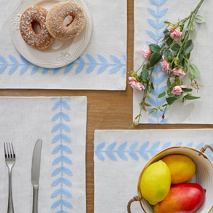 Wracra Embroidered Placemats, 13 x 18 Inch Set of 4 Placemats, Irregular Willow Rustic Place Mats for Kitchen Table and Heat Resistant, Blue 4PCS