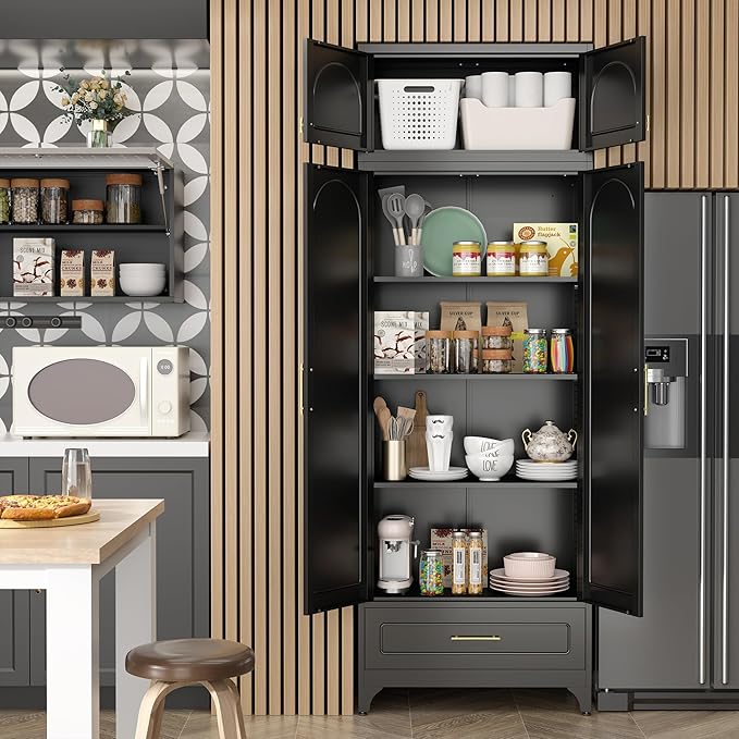 Kitchen Pantry Cabinet竊?0" Storage Cabinets with Doors and Shelves,Metal Pantry Cabinet with Drawers,White Kitchen Cupboard for Livingroom,Pantry, Bathroom