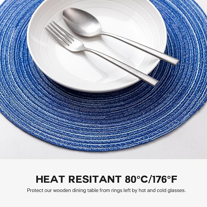 Round Placemats Set of 4 Woven Placemats Washable Braided Table Mats for Dining Table Heat Resistant Non-Slip Circle Place Mats(Royal Blue)