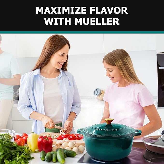 Mueller DuraCast 6 Quart Enameled Cast Iron Dutch Oven Pot with Lid, Heavy-Duty, Oven Safe up to 500째 F & Across All Cooktops, Wedding Registry Ideas & Gifts, Emerald