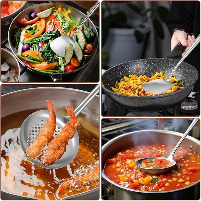 Wok Spatula and Ladle Stainless Steel, 3 PCS 17 Inches 304 Stainless Steel Spatula, Wok Ladle and Skimmer, Dishwasher Safe Cooking Utensils Kitchen Tool Set