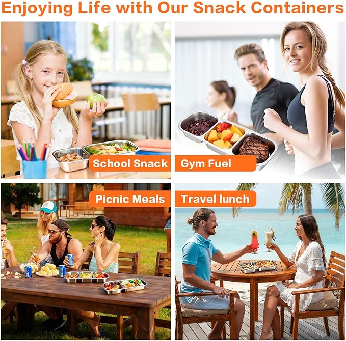 YJSLICT 4 Pack Stainless Steel Snack Containers with Lids, 3-Compartments Reusable Lunch Box for Adults, Food Storage Containers Divided Meal Prep Box for Home, Work, Travel