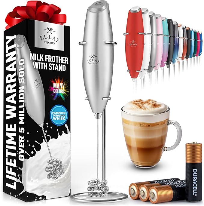 Zulay Kitchen Patented Tornado Triple Whisk Milk Frother with 4 Duracell Batteries ??Handheld Foam Maker for Coffee, Lattes, Matcha & Hot Chocolate ??Rich, Creamy Froth in Seconds