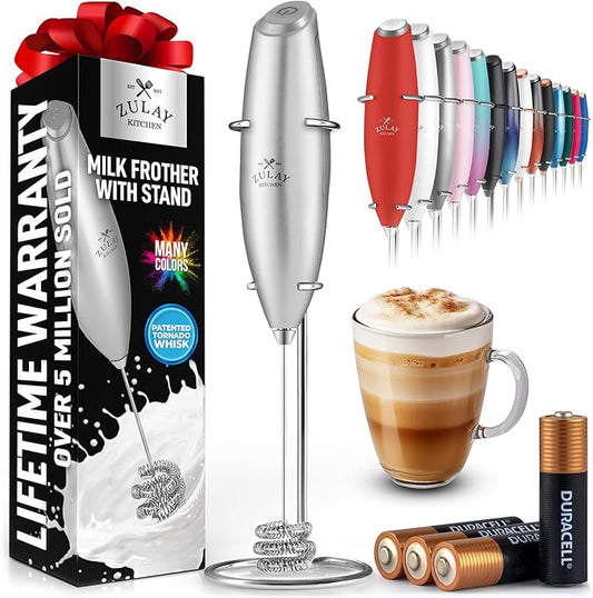 Zulay Kitchen Patented Tornado Triple Whisk Milk Frother with 4 Duracell Batteries ??Handheld Foam Maker for Coffee, Lattes, Matcha & Hot Chocolate ??Rich, Creamy Froth in Seconds
