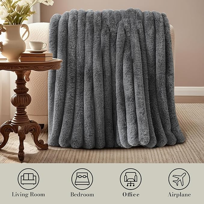 Am챕lie Home Faux Fur Throw Blanket for Couch, Ultra Cozy Fuzzy Fluffy Fur Luxurious Soft Striped Plush Gift Blankets for Family Sofa Chair Bedroom, 60"x80", Cationic Wolf Gray