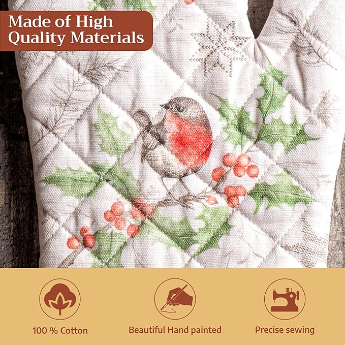 Maison d' Hermine Oven Gloves 100% Cotton Oven Mitt 7" x 13" with Loop Heat Resistant BBQ Cooking Gloves for Thanksgiving Christmas Decorations Baking Handling Hot Pans (Pack of 1, Christmas Dew)