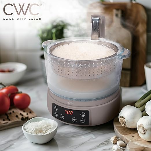 COOK WITH COLOR 3L Glass Mini Low Carb Rice Cooker ??Holds 2 Cups Raw/Makes 6 Cups Cooked with Auto Lift Filter Basket, Hotpot & Steamer for Rice, Grains, Digital Panel with Keep Warm, Goat/Mink