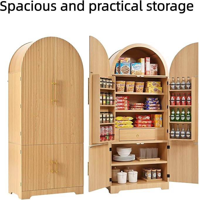 72" Tall Arched Kitchen Pantry, Modern Fluted Wood Storage Cabinet with 3 Adjustable Shelves and Hidden Drawer, Versatile Cupboard for Dining Room, Living Room, Bathroom, Natural