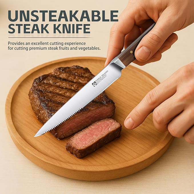 Purple Dragon Serrated Steak Knives Set of 4 - High Carbon German Steel Steak Knife Set with Square Wooden Handle - Effortless Cutting - Christmas Gift for Men and Women