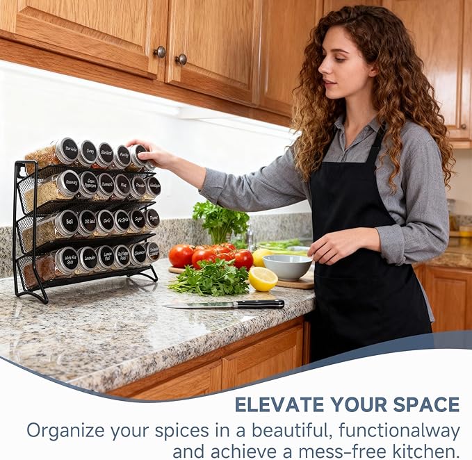 DIDITIME Spice Rack Organizer with 24 Glass Jars and 60 Spice Labels, Seasoning Organizer for Kitchen, Countertop, Cabinet, Pantry, Cupboard竊똕pice Organization for Cabinet竊?Space-Saving & Tidy