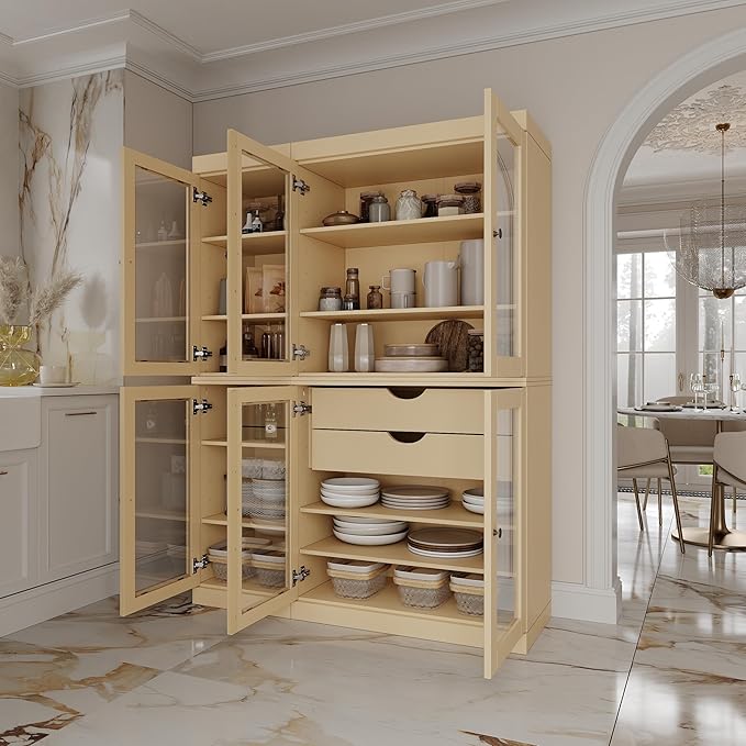 Palace Imports 100% Solid Wood 48.5" Pantry China Cabinet with Clear Glass Doors, 2-Drawers and Adjustable Shelves (Yellow)