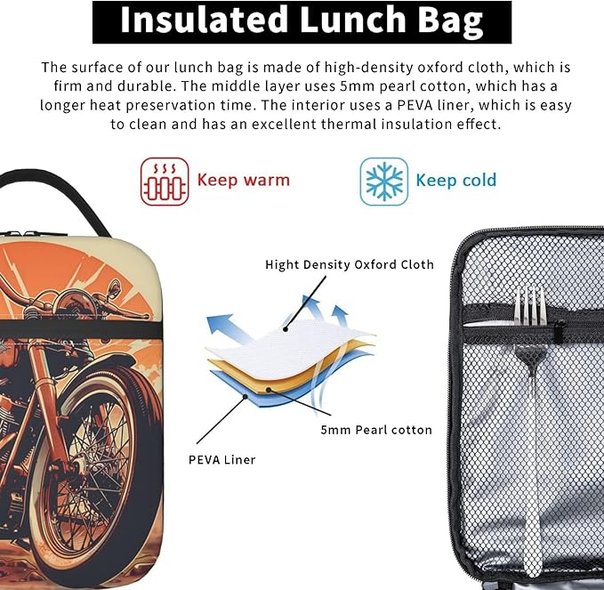 VANZEV Insulated Lunch Box for Women Men, Vintage Motorcycle Theme Lunch Box Reusable Portable Lunch Bag Cooler Tote Waterproof Lunch Container for Office Picnic Work Travel