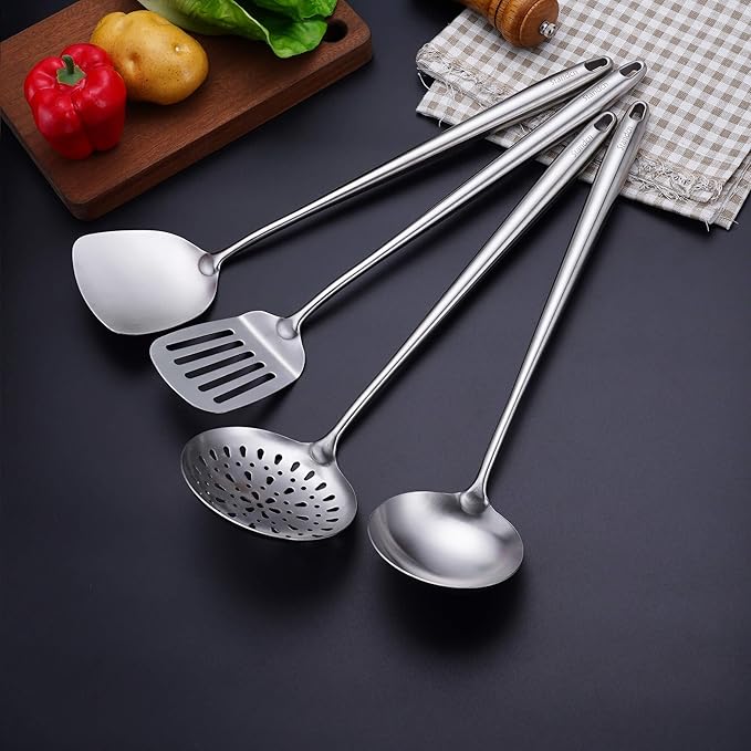 17??Wok Spatula and Ladle - 304 Stainless Steel Wok Tools Set, 2-Pieces Extra Long Handle Cooking Tools, All Metal Wok Utensils and Wok Accessories for Cast Iron/Carbon Steel Wok