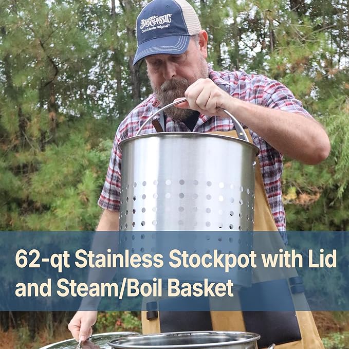 Bayou Classic 62 Quart Stainless Steel Boil and Steam Cooker Kit with Lid, Basket, Single Jet, 10 PSI Regulator, 60 Inch Hose, Silver