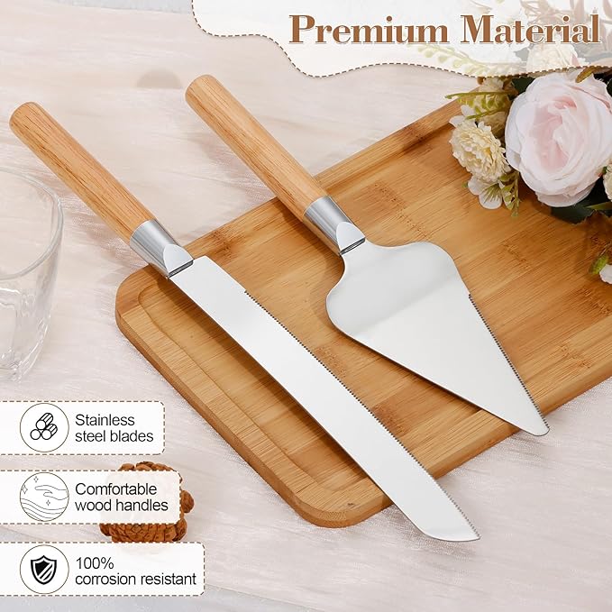 Cake Cutting Set for Wedding, Wood Cake Knife and Server Set, Vintage 2-Piece Pie Cutter Serving Set, Serrated Pizza Dessert Utensils, Bridal Anniversary Birthday Quincea챰era Gift
