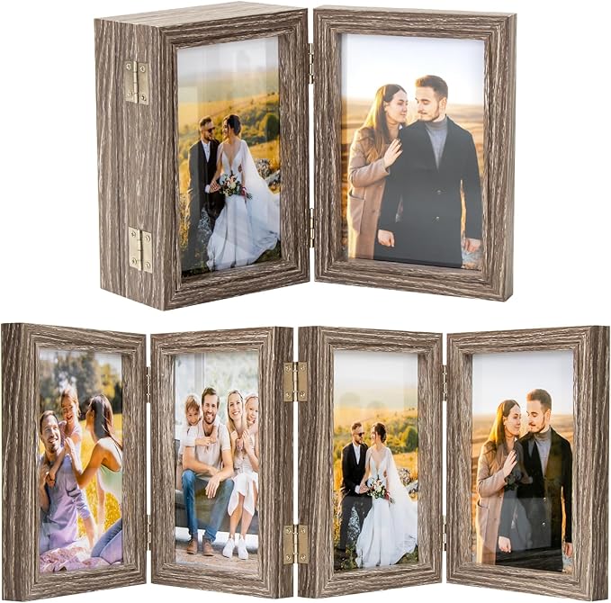 4x6 Four Picture Frame 4 Hinged Photo Frame with 4 Openings, Natural Wood Foldable Photo Frame with High Definition Acrylic for Birthday Father's Day Christmas Gift, Rustic Desk Family Picture Collage, Gray