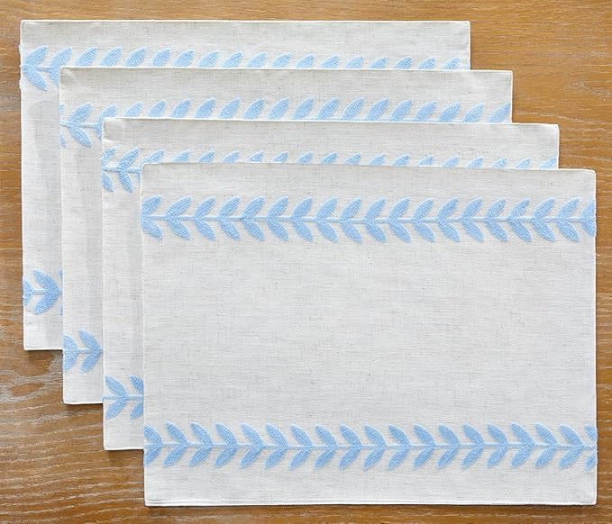 Wracra Embroidered Placemats, 13 x 18 Inch Set of 4 Placemats, Irregular Willow Rustic Place Mats for Kitchen Table and Heat Resistant, Blue 4PCS
