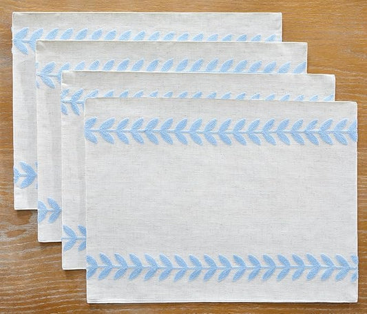 Wracra Embroidered Placemats, 13 x 18 Inch Set of 4 Placemats, Irregular Willow Rustic Place Mats for Kitchen Table and Heat Resistant, Blue 4PCS