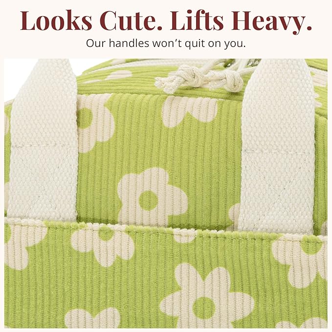 LOVELYWIND Insulated Floral Lunch Bag for Women, Stylish Corduroy Tote with Aluminum Lining, Large Capacity Reusable Cooler for Work, Travel, Beach or Picnic, Creamy Floral Water-Resistant Lunch Box