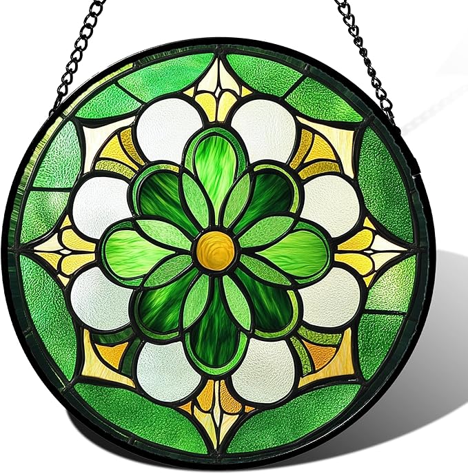 Stained Glass Window Hanging Boho Green Flower Large 15" - Suncatcher Door Garden Sun Catcher Ireland Decor Birthday Mother's St. Ripack's Day Gift for Woman Mom Men Friend Nana Wife Aunt