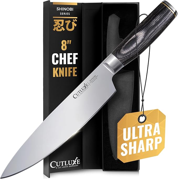 Cutluxe Chef Knife ??Ultra Sharp 8" Japanese Kitchen Knife, High Carbon Stainless Steel Blade, Full Tang Pakkawood Handle ??Shinobi Series