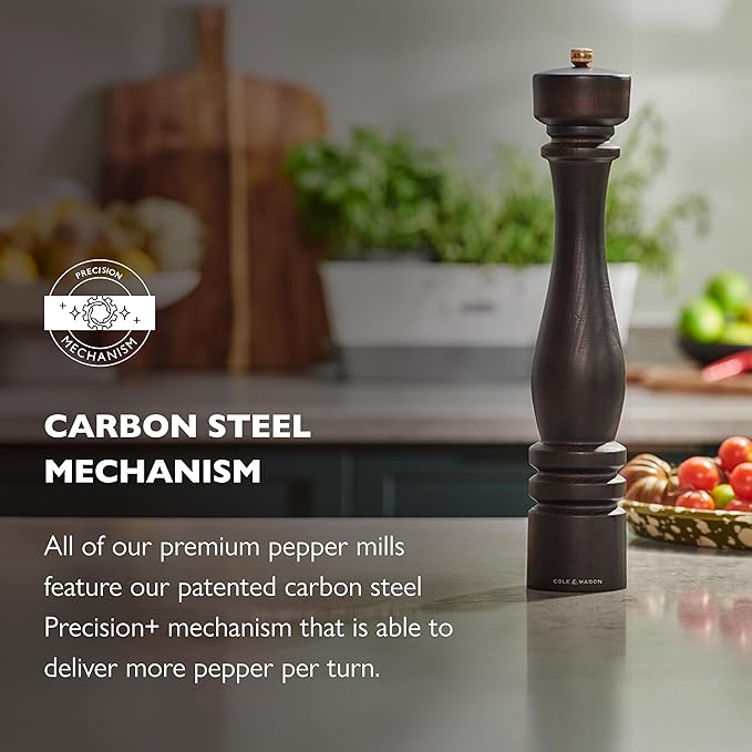 Cole & Mason London Refillable Spice Mill - Kitchen & Home Accessory - Table Black Pepper Grinder - Pepper Mill with Carbon Steel Mechanism - 15", Chocolate Wood
