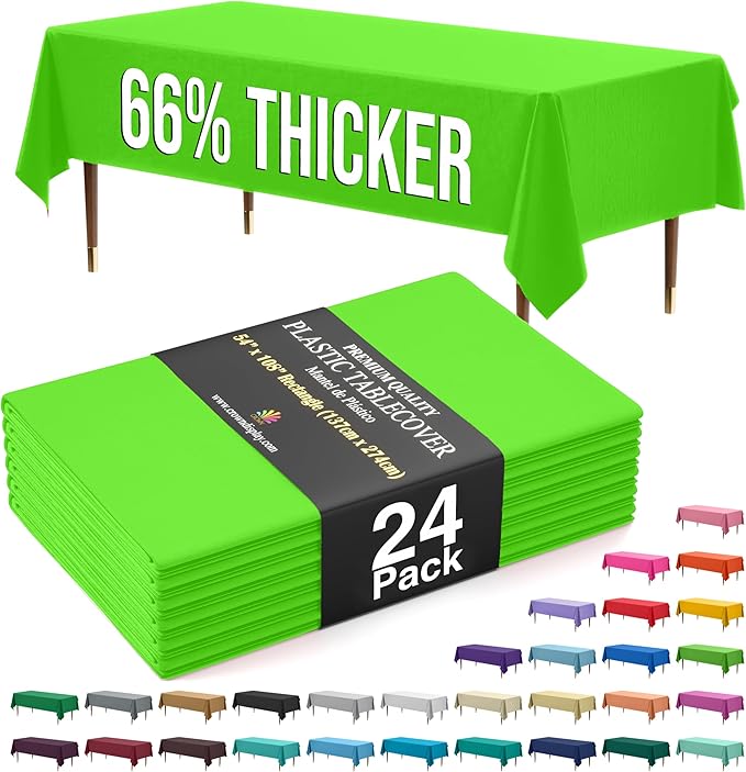 Exquisite 66% Thicker Premium Plastic Table Cloth Rectangle Table Cover 0.5 Mil 24 Pack Lime Green Table Cloth 54 Inch x 108 Inch Disposable Tablecloth Won't Tear Easily Like Cheap Thin Brands