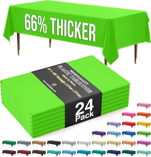 Exquisite 66% Thicker Premium Plastic Table Cloth Rectangle Table Cover 0.5 Mil 24 Pack Lime Green Table Cloth 54 Inch x 108 Inch Disposable Tablecloth Won't Tear Easily Like Cheap Thin Brands