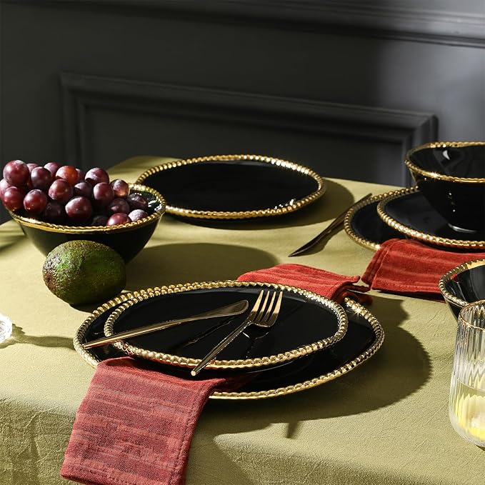 Christian Siriano Akoya Porcelain Dinnerware Set, 12-Piece - Dish Set for 4, Plates and Bowls Set, Black and Gold