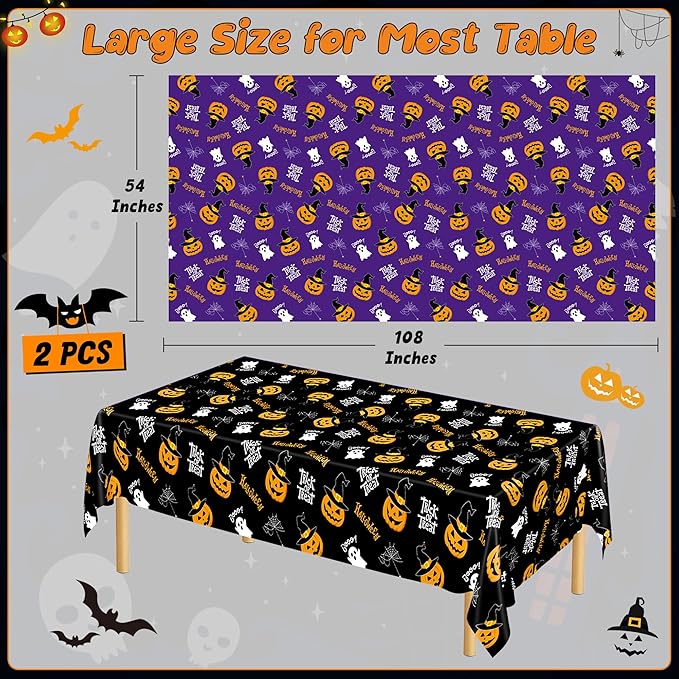 QZYL 2 Pack Halloween Table Cloths, 54 in x 108 in Pumpkin Party Decorations, Purple Black Tablecloth Disposable Plastic Table Cloth Tablecover, Halloween Party Decor Dinnerware Home