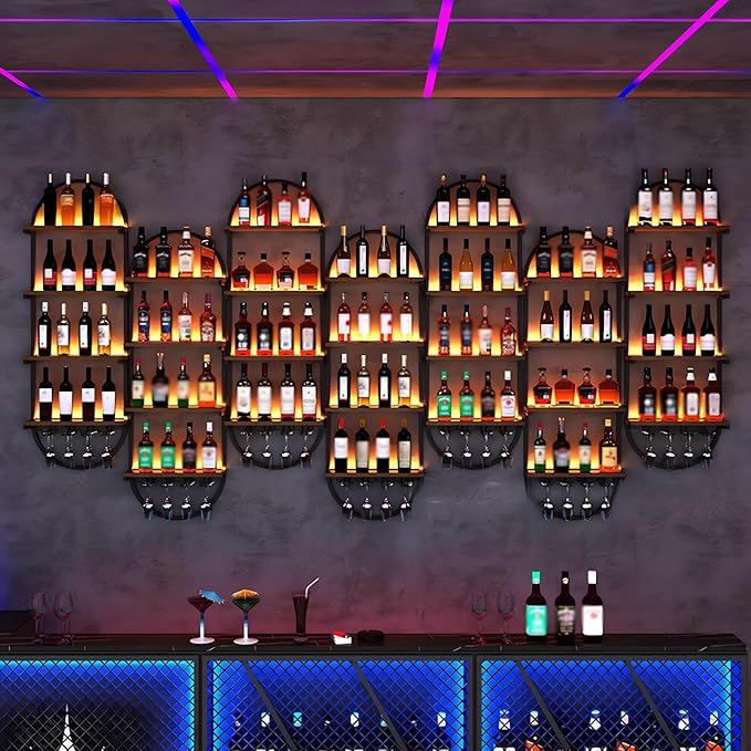 Wall Wine Rack, DIY Wood Bottles Storage Wine Rack for Wall, 3-Tiers Liquor Floating Shelves, for Kitchen, Dining Room, Bar, Wine Cellar (Black, 4PCS)