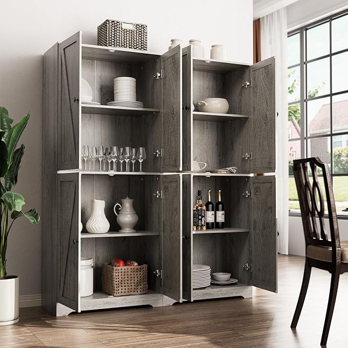 LYNSOM Farmhouse Storage Cabinet Set of 2, 72" Tall Kitchen Pantry Cabinet with 4 Barn Doors and Adjustable Shelves, Freestanding Storage Cabinets for Kitchen, Grey