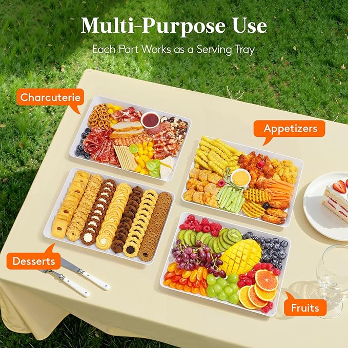 Lifewit 4 Pcs Plastic Serving Trays for Party, 15" x 10" White Trays for Serving Food, Reusable Large Platters for Buffet, Appetizer, Fruit, Dessert, Veggie, New Year Party Supplies, Rectangle