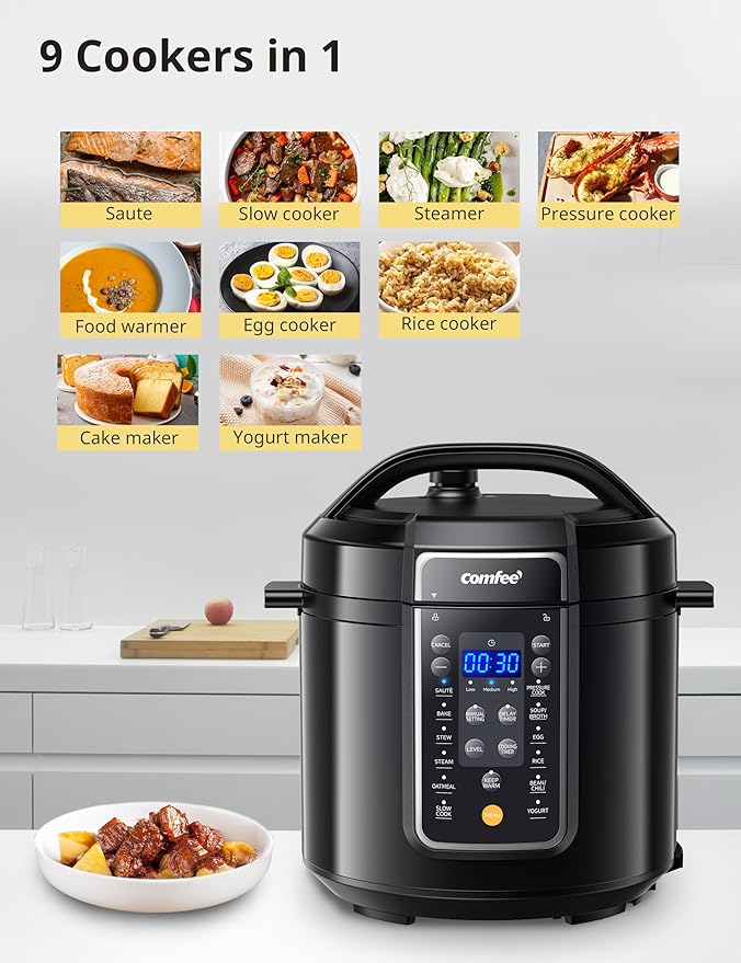 COMFEE??9-in-1 Electric Pressure Cooker, 14 Presets Instant Multi Slow Cooker Olla de Presion Non-Stick Pot Rice , Yogurt Maker, Saut챕 Steamer, Black , 6 Quarts