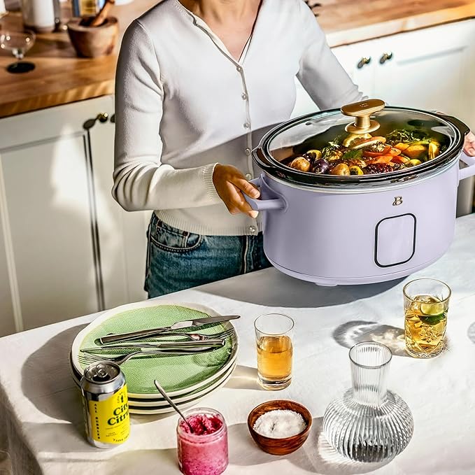 Beautiful 6 Quart Programmable Slow Cooker, 5 Cooking Presets, Digital Countdown Timer, Dishwasher Safe Parts by Drew Barrymore (Lavender)