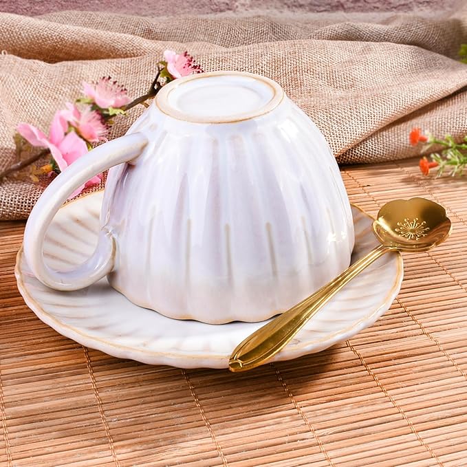 Ceramic Floral Coffee Mug with Saucer Set with Spoon- Vintage Glazed Tea Cup and Coaster for Cafe/Home/Office,White, Petal-Shape Design