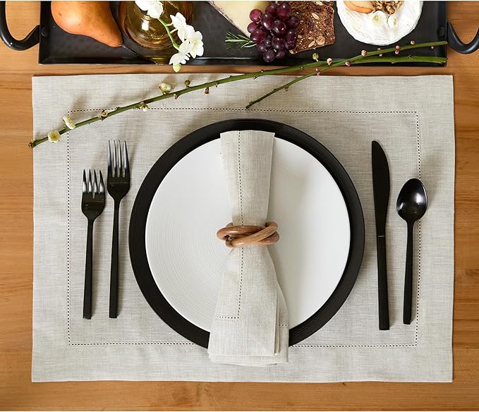 Solino Home Linen Cloth Placemats Set of 6-100% Pure Linen Hemstitch Light Natural Placemats 14 x 19 Inch - Classic Hemstitch Table Place Mats for Spring, Easter