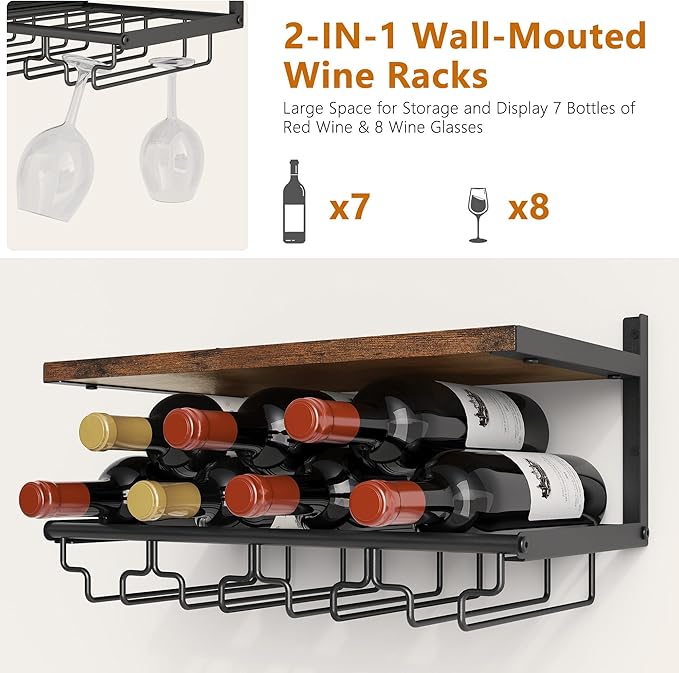 2 Tiers Wine Rack Wall Mounted with Wine Bottle Holder & Wine Glass Rack, Bar Shelves for Liquor Bottles, Hanging Wine Rack, Wine Storage Display Rack Shelf for Home Bar,Dining Room,Kitchen,Rustic