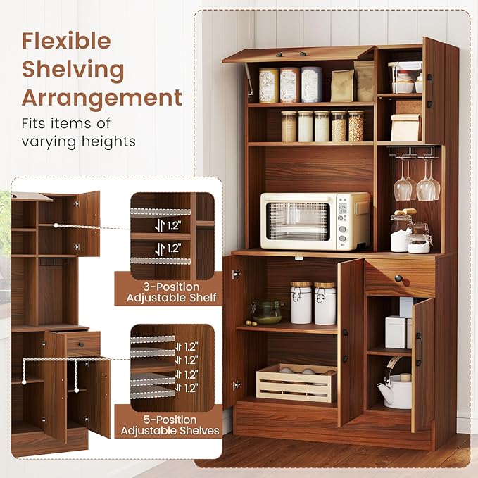 Giantex Kitchen Pantry Cabinet with Charging Station, 66" Hutch Cabinet w/Microwave Stand, Storage Drawer, Adjustable Shelves & Wine Glass Holder, Buffet Cupboard for Coffee Bar, Living Room, Walnut