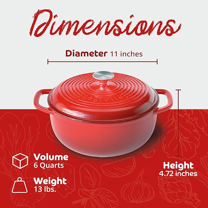 Segretto Enameled Cast Iron Dutch Oven Pot with Lid, Red, 6 Quart Sourdough Dutch Oven for Bread Baking, Braising, Roasting Safe to 500째F Durable Enamel with High Heat Retention and Moisture Lock Seal