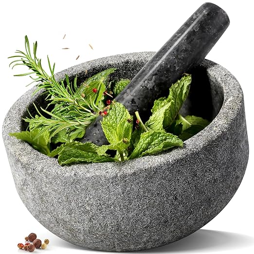 Koville Granite Mortar and Pestle Set, 7"-4 Cups Unpolished Stone Grinder Bowl for Guacamole, Salsa, Pill Crusher, Spice, Herb, Garlic, Nut, Heavy Duty Grinder for Kitchen(Angola Silver Black)