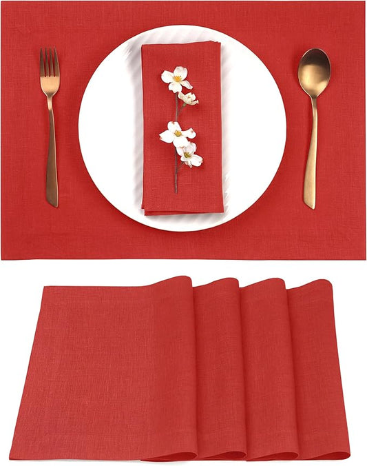 D'Moksha Homes Linen Placemats 14 x 19 Inch - Bright Red Placemats Set of 4-100% Pure Linen Table Place Mats for Valentines, Spring, Easter - Handcrafted and Machine Washable