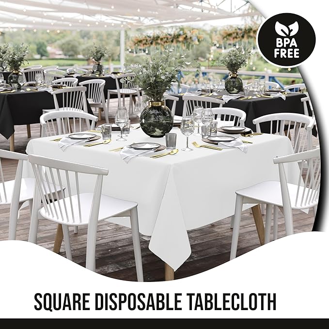Party Solids 12-Pack White Square Plastic Disposable Tablecloth ??Size: 70 횞 70 Inches ??Square Table Cover for Parties, Picnics & Formal Events