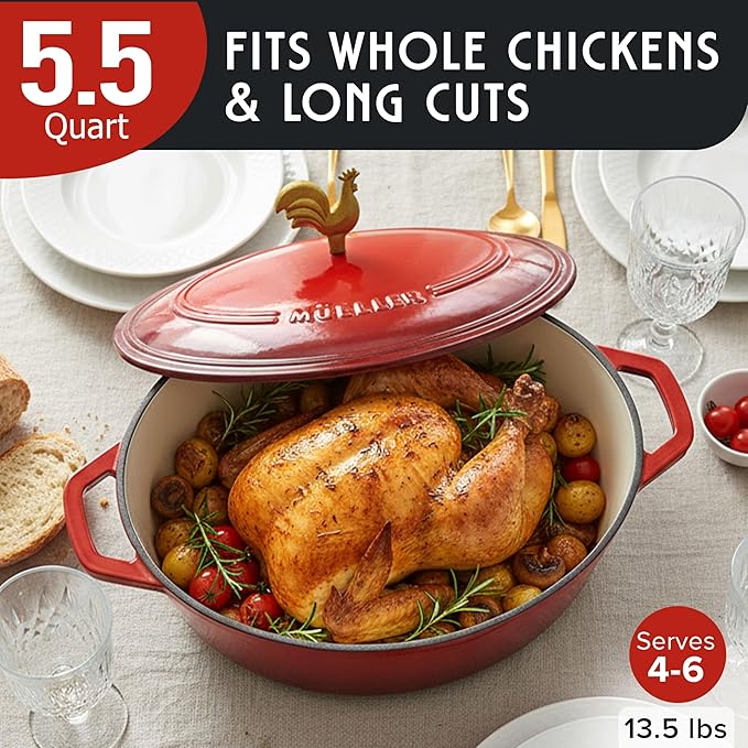 MUELLER HOME 5.5 Quart Enameled Cast Iron Oval Dutch Oven w Rooster Knob & Cotton Potholders, Heavy-Duty Cookware, Oven-Safe up to 500째 F & Across All Cooktops, Gifts for Grandma & Women, Red