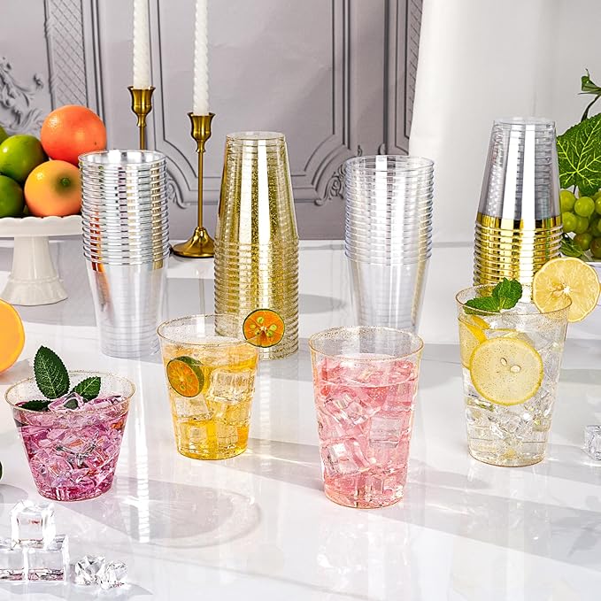 Goodluck 12 oz 50 PCS Gold Glitter Plastic Cups, Disposable Glitter Cups, Elegant Plastic Cocktail Glasses, Fancy Party Cups for Wedding, Birthday, Holiday