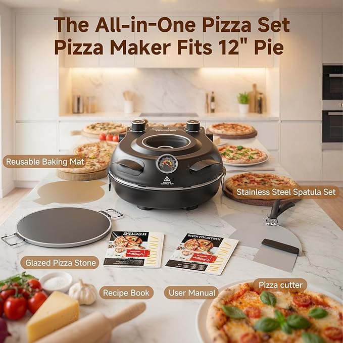 SENSCHEF 12-Inch CrustyBake Beginner's Black Glazed Stone Pizza Oven: Quick 800째F Heating, Easy-Clean Design, Recipe Book & All Tools Included - Perfect for First-Time Pizza Makers at Home