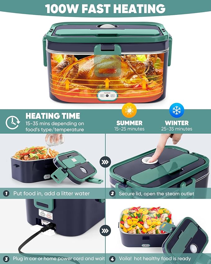 Eocolz Electric Lunch Box Food Heater Warmer 100W, 1.8L Portable Heated Lunch Box for Car Truck Work with Stainless Steel Container Fork & Spoon 12/24/110V Lonchera El챕ctrica