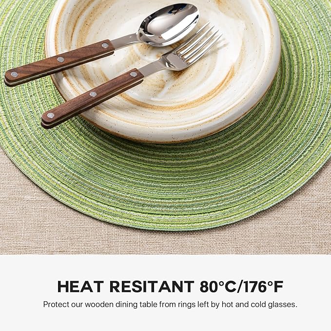Round Placemats Set of 6 Woven Placemats Washable Braided Table Mats for Dining Table Heat Resistant Non-Slip Circle Place Mats(Green)