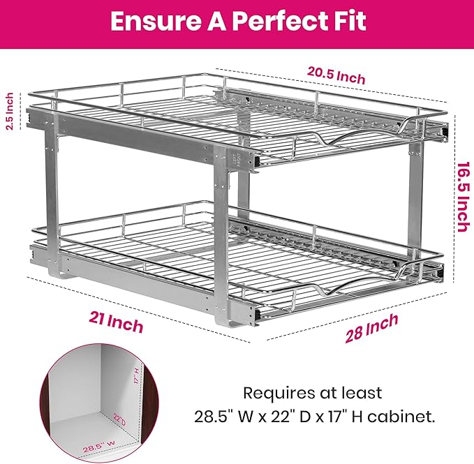 HOLDN??STORAGE Two Tier Pull Out Cabinet Organizer, Individual Sliding Drawers - Heavy Duty Metal with Lifetime Limited Warranty - Anti Rust Chrome Finish - 28" W x 21?쒭 x 16.5" H
