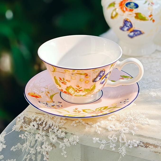 Aynsley Cottage Garden Windsor Fine Bone China Teacup & Saucer - 7.5oz (220ml), Elegant Windsor Shape, Christmas Gift for Tea Lovers, British Craftsmanship-Pink